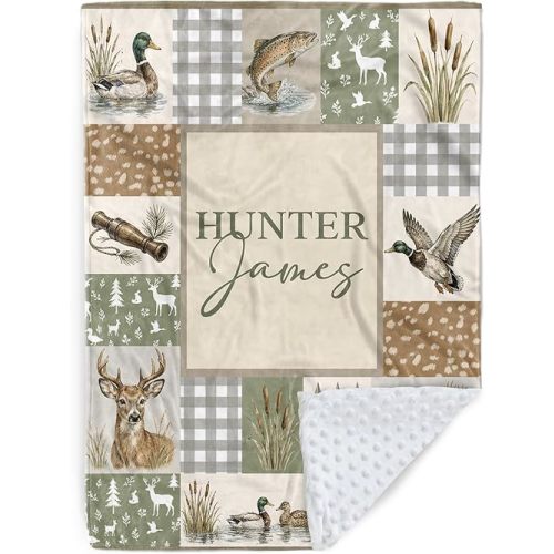 Personalized Baby Boy Blanket with Name, Custom Minky Dot Baby Blankets with Hunting Theme, Soft Plush Crib Blanket for Nursery, Nursery Decor