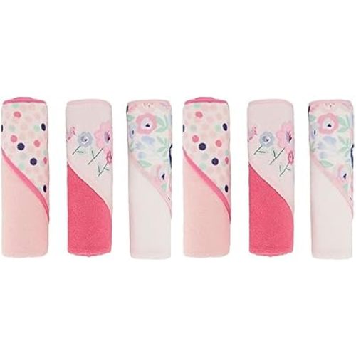 Cudlie Buttons & Stitches Baby Girl 6 Pack Rolled/Carded Hooded Towels in Blooms & Dots Print, GS71731