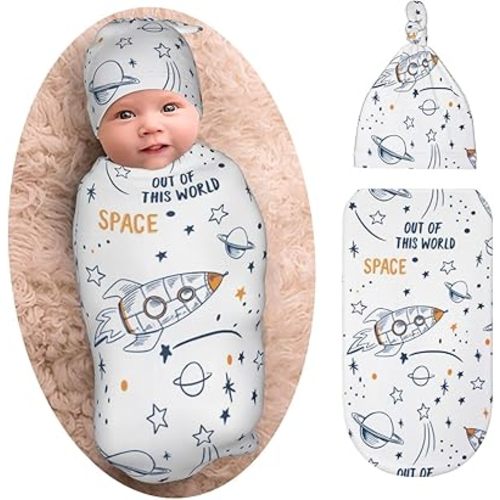 Space Baby Stuff Swaddle Blanket with Beanie Set, Soft and Stretchy Cartoon Rocket Baby Receiving Blanket Swaddle Sack for Boy and Girl