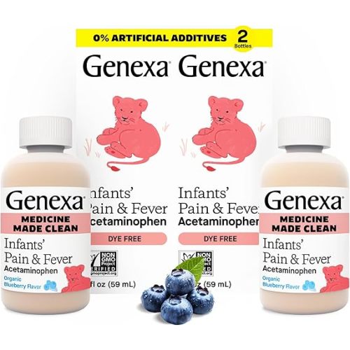 Genexa Infants’ Clean Pain & Fever Acetaminophen, Dye Free, 0% Artificial Additives, Delicious Organic Blueberry Flavor, Liquid Oral Suspension Medicine for Baby, 160 mg per 5mL, 4 fl oz (2 Pack)