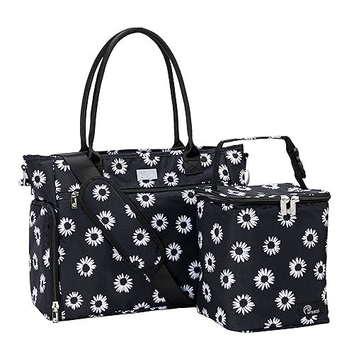 Pursetti Breast Pump Bag w/Cooler & 15” Laptop Sleeve as a Work Tote -Fits Common Breast Pumps Like Spectra S1, S2, Melela (Black Daisy)