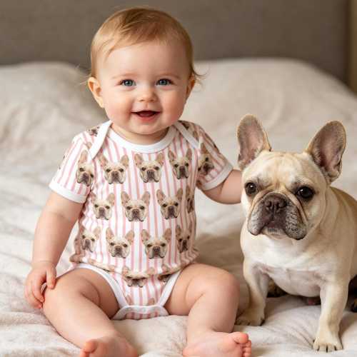 Personalized Dog Cat Face Baby Romper, Custom Pet Portrait Striped Newborn Outfit, Baby Gift