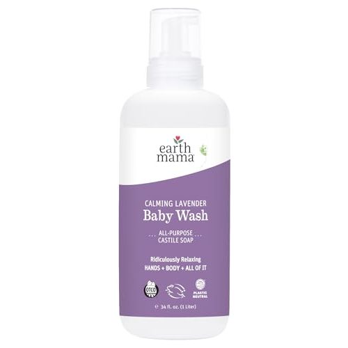 Earth Mama Calming Lavender Baby Wash Liquid Foaming Hand Soap Refill, Organic All-Purpose Lavender Body Wash for Sensitive Skin, Castile Soap with Coconut Oil, Shea Butter, Calendula, & Aloe, 34Fl Oz