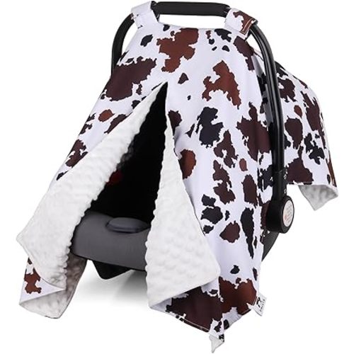 Rquite Car Seat Cover Baby, Carseat Covers Baby Boy, Minky Infant Car Seat Cover Winter, Peekaboo Opening Car Seat Canopy, Multi-use Baby Carrier, Stroller, Nursing Cover, Minky Blanket, Cow Print