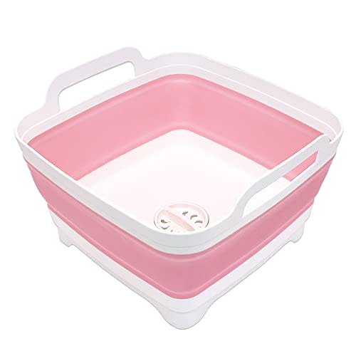 2.4 Gal(9L) Collapsible Dish Basin with Drain Plug, Space Saving Outdoor Multiuse Foldable Sink Tub, Dishpan, Kitchen Storage Tray for Camping, Vegetable Washing, RV (Pink)