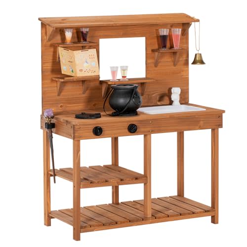 BRINJOY Mud Kitchen Playset for Kids, Wooden Magic Kitchen Set w/Wand, Recipe, Removable Sink, Faucet, Stove, Toddler Outdoor Pretend Play Kitchen, Witch Role Play, Fairy Potion, Gift for Boys Girls