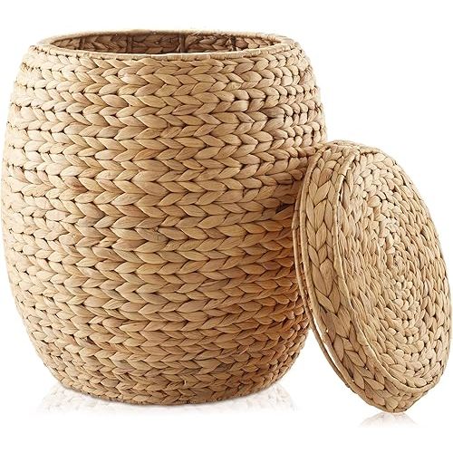 Casafield Round Storage Basket with Lid - Natural, Handwoven Water Hyacinth Organizer for Laundry, Blankets, Plants, Bedroom, Living Room, Home Office
