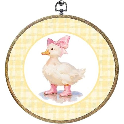 Cute Bow Checkered Duck Decor Duck Gifts Ducks Lovers Wall Decor Round Canvas Wall Art Framed Hanging Prints Artwork Posters for Home Living Room Bathroom Bedroom Paintings Pictures 10.2X10.2 Inch