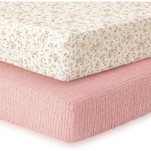 2 Pack Muslin Crib Sheets for Girl - Neutral Fitted Baby Crib Sheets for Standard Toddler Crib Mattress - 52” x 28” Soft Breathable Cotton Baby Bed Sheets - Dusty Pink & Floral