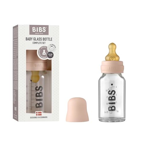 BIBS Baby Glass Bottle with Natural Rubber Nipple - Blush, 4oz