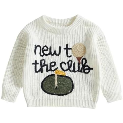 Toddler Baby Boy Girl Golf Outfits New to The Club Embroidery Long Sleeve Knit Pullover Sweater Birthday Outfits