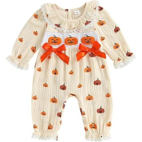 SAYOO Newborn Baby Girl Halloween Outfit Doll Collar Pumpkin Jumpsuit Romper Ruffle Sleeve Bodysuit Long Overalls with Bow
