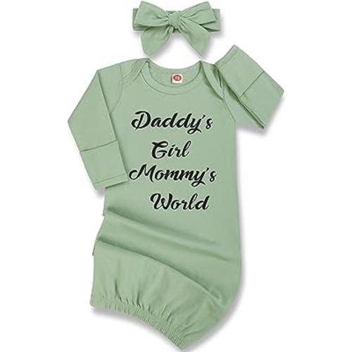 Baby Gown Newborn 0-6 Months, Newborn Girls Baby Little Sister Sleeping gown, Long Sleeve Babies Nightgown Coming Home form Hospital Outfit Gift with Headband Set Green