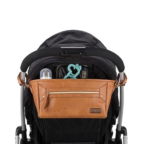 Itzy Ritzy Adjustable Stroller Caddy and Organizer Bag Featuring Front Zippered Pocket, 2 Built-in Interior Pockets & Adjustable Straps to Fit Nearly Any Stroller (Cognac)