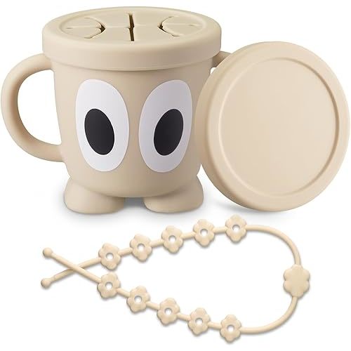 Silicone Snack Cups Food Container for Toddlers and Babies, Spill Proof Training Cup with Snack Cup (Beige)