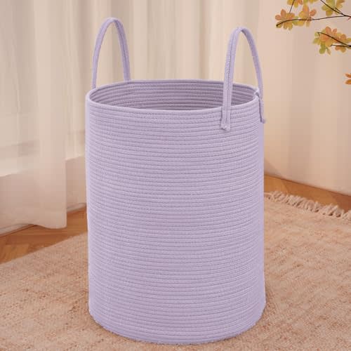 JMvicyroam Large Woven Laundry Basket Hamper,60L Cotton Rope Storage Bin for Blankets,Toys and Clothes,Decorative Tall Nursery Hamper for Living Room,Baby Nursery,Bathroom and Bedroom,Purple