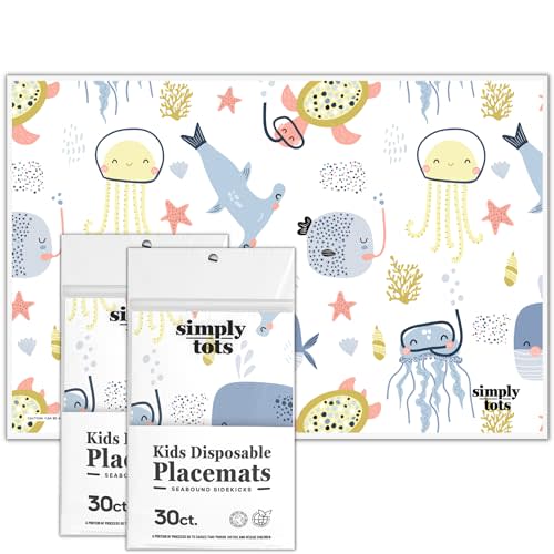 Disposable Placemats for Toddlers - 60 Pack Stick-On Disposable Placemats for Baby with Cute Print - 12"x18" Strong Adhesive Toddler Placemats - for Restaurants, Home, or Travel | Simply Tots Brand