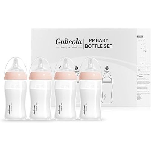 Natural Breastfeeding Bottles Wide Neck, Newborn Baby Bottles with Slow Flow Nipples (S), 0 Months +, BPA Free PP, 7 oz & 4 Pack - Pink