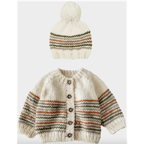 The Blueberry Hill
Woodland Stripe Cardigan and Hat Set
Size: 6-12 months