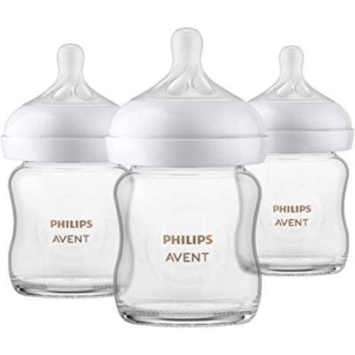 Philips Avent Glass Natural Baby Bottle With Natural Response Nipple, 4oz, 3 pack, SCY910/03, Clear