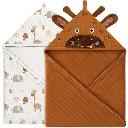 Chungie Soft Muslin Hooded Baby Towels – 100% Cotton, 6-Layer Breathable Newborn Bath Towels with Hood, Pack of 2 (Printed + Embroidered, 32x32 inches)