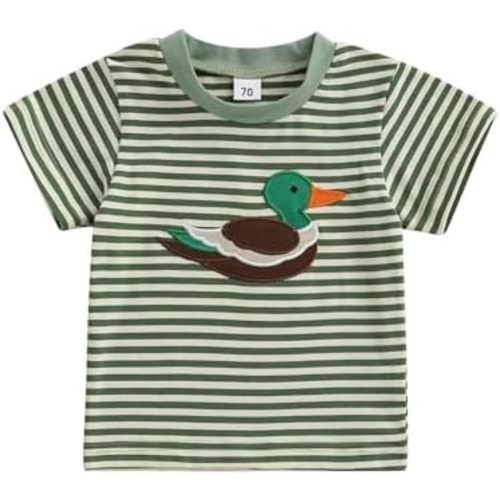 Toddler Baby Boy Girl T-Shirt Short Sleeve Mallard Duck Embroidery Striped Shirt Summer Hunting Baby Cotton Blouse Top