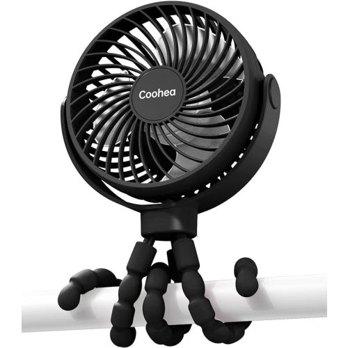 Stroller Fan Battery Operated Portable Fan USB Rechargeable Small Fan with Flexible Tripod Cooling Fan Clip on for Baby Stroller Car Seat Bike Golf Cart Beach Trip Outdoor, 3 Speeds Wind, Black