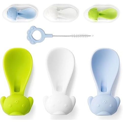 Baby Food Pouch Squeeze Spoon, Food Pouch Attachment Topper with Cleaning Brush, 3 Silicone Spoons with Travel Cases, White, Green, Blue, Bumpy001
