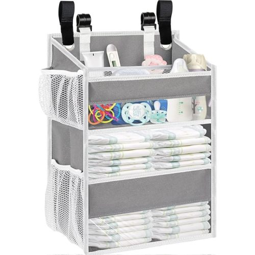 Hanging Diaper Organizer for Changing Table,Cribs,Car,Playard or Wall & Nursery Organization-Durable 2-Tier Diaper Organizer with Mesh Pockets and Viewable Design, Won't Deform, Light Gray
