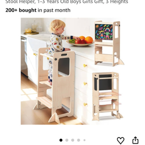 Adjustable Height Toddler Kitchen Step Stool, Learning Standing Tower with Blackboard, Kids Wooden Kitchen Stool Helper, 1-3 Years Old Boys Girls Gift, 3 Heights