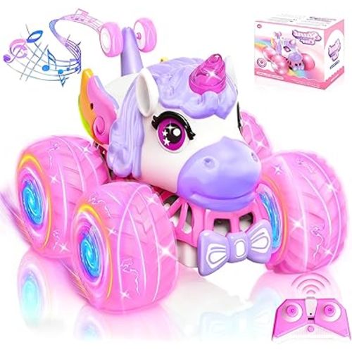 Remote Control Car for Girls, Unicorn Toys for Girls Age 3+, 360° Rotating 4WD 2.4 GHz RC Stunt Cars with Light and Music, Unicorn Gifts Presents Christmas Stocking Stuffers for 3 4-6 6-8