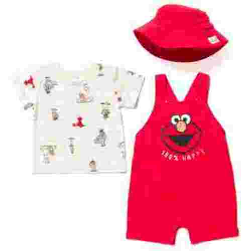 Sesame Street Elmo Newborn Baby Boys French Terry Short Overalls T-Shirt and Hat 3 Piece Outfit Set Newborn to Toddler
