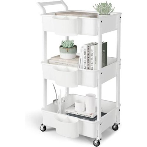 3-Tier Utility Rolling Cart,Mobile Utility Cart with Lockable Caster Wheels,Storage Shelves Organizer Cart, 3 Hanging Baskets, Easy Assembly,for Bathroom, Kitchen, Office, Workshop,White