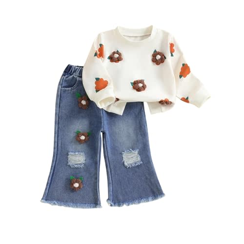 Toddler Baby Girl Clothes Fall Winter Baby Girl Outfit Floral Crewneck Sweatshirt Bell Bottom Jeans Pants Set