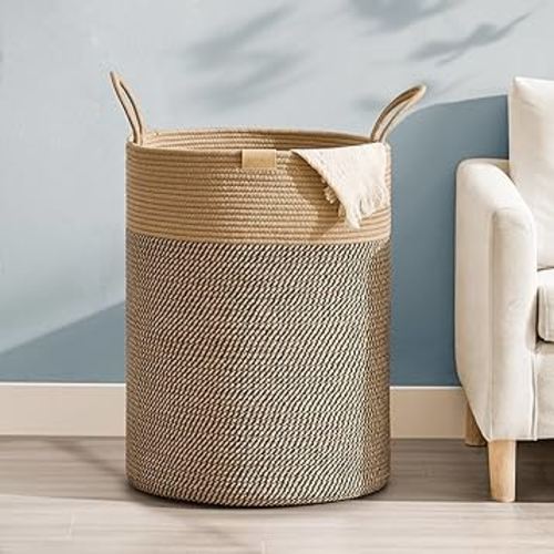 95L Laundry Hamper Basket,Baby Nursery Woven Storage Basket for Toys Bin,Pillows,Blankets,Clothes,Dark&Brown