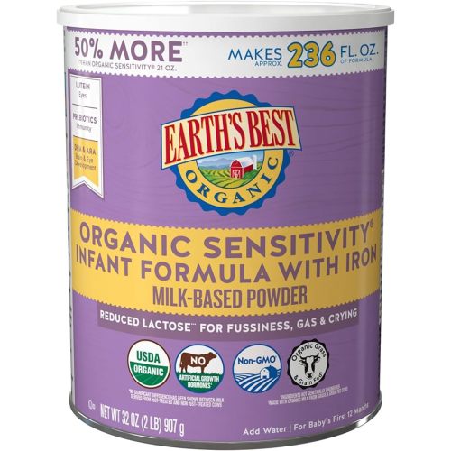 Earth's Best Organic Sensitive Baby Formula for Babies 0-12 Months, Reduced Lactose Powdered Infant Formula with Iron, Omega-3 DHA, and Omega-6 ARA, 32 oz Formula Container