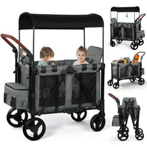 Vomeast Wagon Stroller for 2 Kids, 3-in-1 Wagon Stroller with Canopy, Adjustable Handlebars, Removable Seat for Toddlers, Grey
