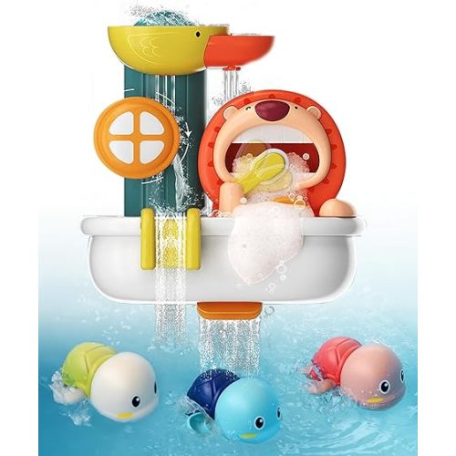 KidStation® - Baby Bath Toys for Toddlers 1-3, Kids 3-4 Years Old - Lion Bathtub Toys with Bubble Foam Maker + 3 Wind-Up Swimming Turtles - Gift Card Included for Christmas and Birthday