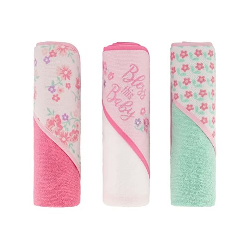 Cudlie Buttons & Stitches Baby Girl 3 Pack Rolled/Carded Hooded Towels in Bless This Baby Print, GS71730