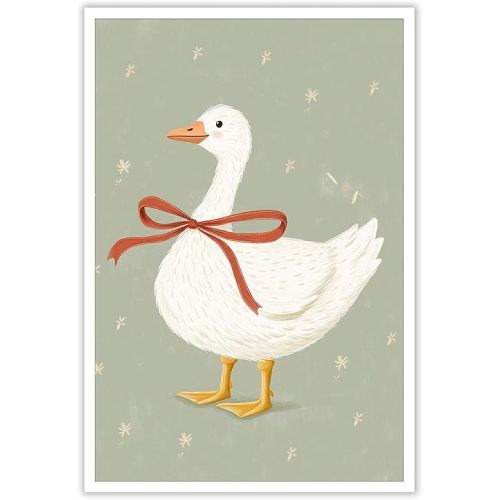 Cute Call Duck Poster Funny Bird Animal Canvas Wall Art Abstract Goose With A Bow Kindergarten Prints Painting For Home Bedroom Dorm Baby Room Living Room Wall Decor 12x16in Unframed