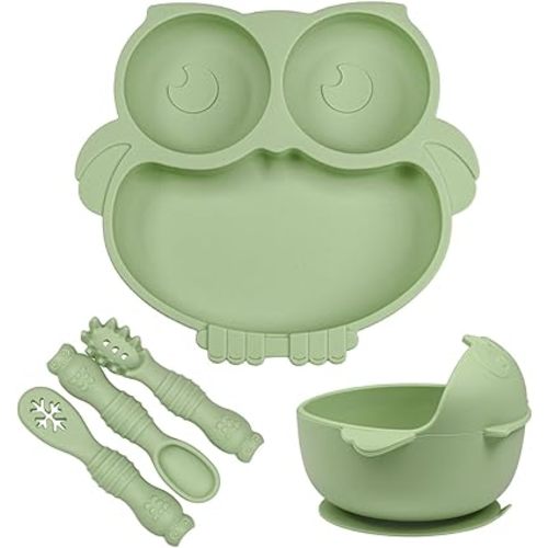 Owl Shape Silicone Baby Feeding Set, Toddler Suction Plates and Bowls Set with Spoons, Kids Silicone Dinnerware Set Eating Utensils, Green