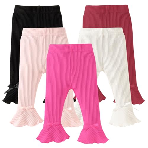 DREAM BUS 5 Pack Baby Pants Toddler Girl Ribbed Ruffle Bell Bottoms Toddler Leggings Baby Boy Pants Newborn Girl Flare Pants