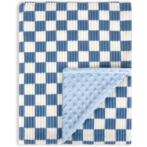 Baby Blanket for Boys Girls 3D Checkerboard Grid Ultra- Soft Cozy Corduroy Toddler Blanket for Kids Stripe Chessboard Plaid Design Receiving Blanket Blue 30 x 40 Inches