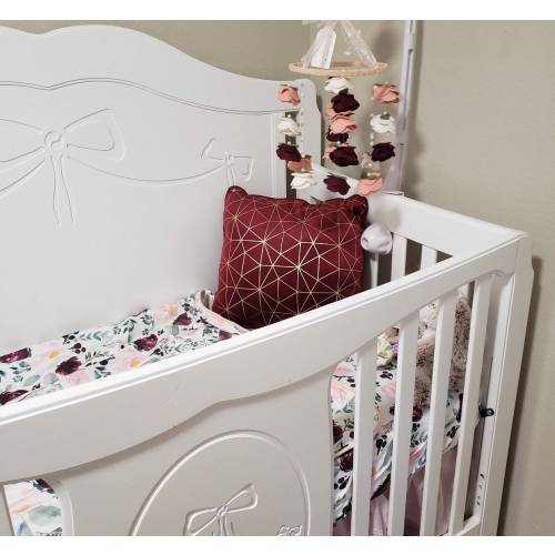 BURGUNDY Blush Linen Nursery Hanging Decor Felt FLOWERS Crib Baby Girl MOBILE, Roses And Pearls Hanging Flowers Craft Olive Leaves Mobile