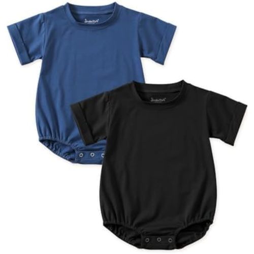 Jimonda Baby Bubble Rompers Boy Girl Solid Color T-Shirt Outfits Short Sleeve Button Bodysuit Cotton Tops Clothes 2Pcs