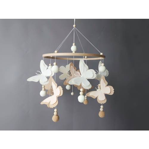 Butterfly mobile baby girl Crib pom pom boho mobile musical bebe Nursery felt baby mobile neutral Hanging ball Cot wood beads mobile