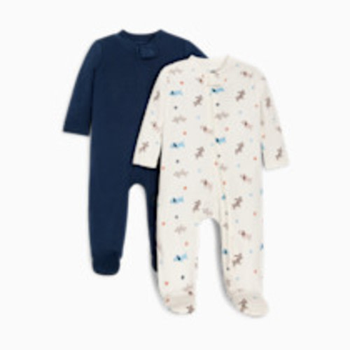 Small Story Organic Cotton 2-Way Zip Footie (2 Pack) - Playful Puppy & Solid Navy, 0-3 M