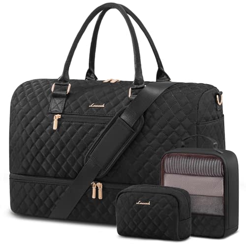 LOVEVOOK Travel Duffle Bag for Women, Weekender Overnight Bag with Shoe Compartment, Carry on Bag with Toiletry Bag, Gym Duffel Bag with Wet Pocket, Hospital Bags for Labor and Delivery 3 Pcs Set