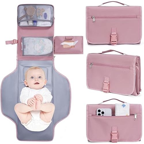 CEICEI Portable Diaper Changing Pad Waterproof Travel Baby Changing Mat with Large Wet/Dry Pocket & Elastic Wipes Pockets, Foldable Compact for On-The-Go Diaper Changer(Pink)