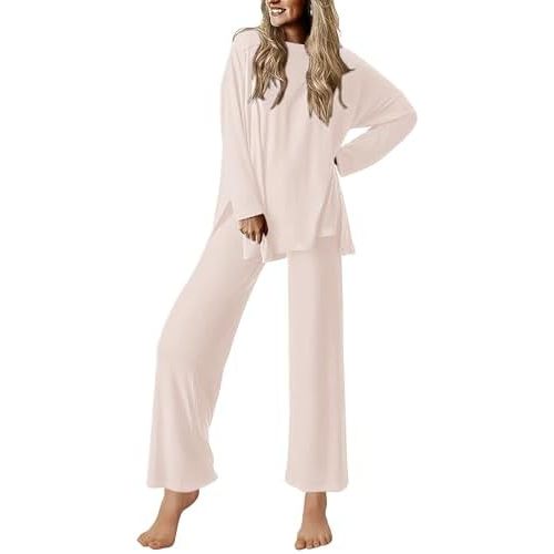 Ekouaer Lounge Sets for Women Long Sleeve Pajamas 2026 Loungewear Soft Comfy Pjs Two Piece Travel Outfits Set